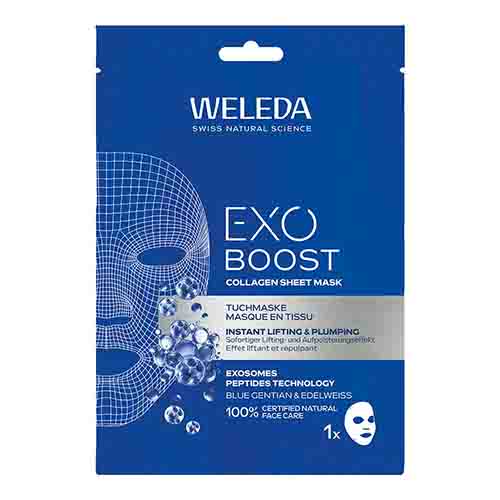 WELEDA Exo Boost Collagen Tuchmaske blauer Enzian
